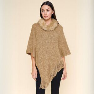 Soft Toasty Faux Fur Trimmed Collar Short Poncho Khaki Tan One Size